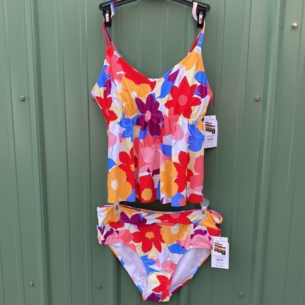 Women's Floral Flounce Tankini Top & High Waist Twist Bottoms Swimsuit Size M